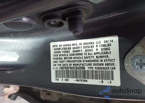 2014 Honda Civic Ex-L z USA, uszkodzony, nr VIN 19XFB2F9XEE042096